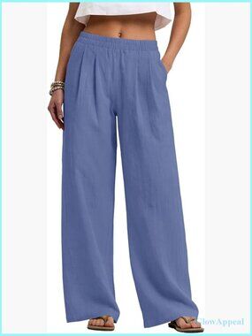 Cotton Linen Wide Leg Palazzo Pants with Pockets Flowy Summer Casual